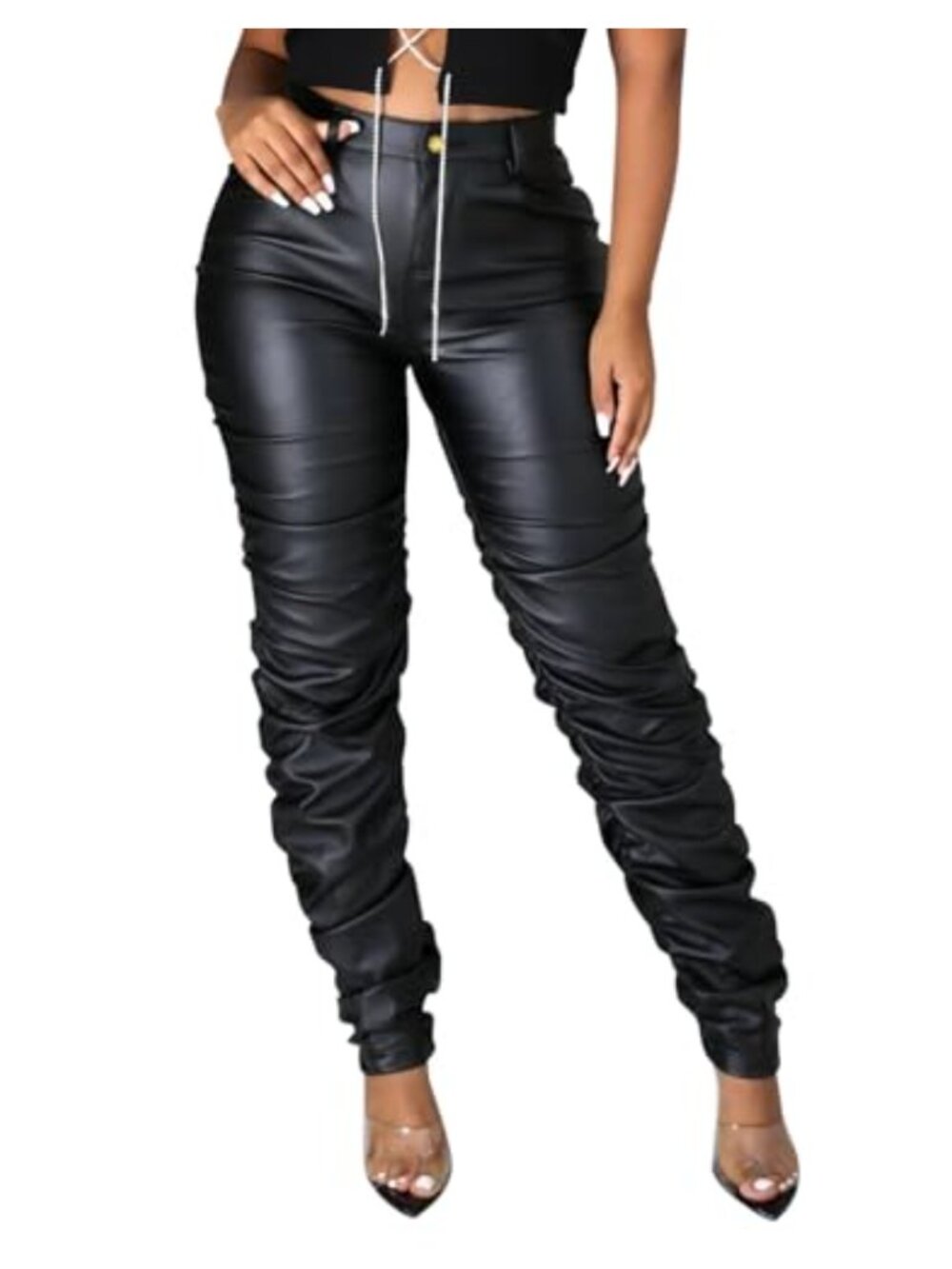 Faux Leather High Waisted Pleated Stacked Hem Leggings Women Sexy Bodycon